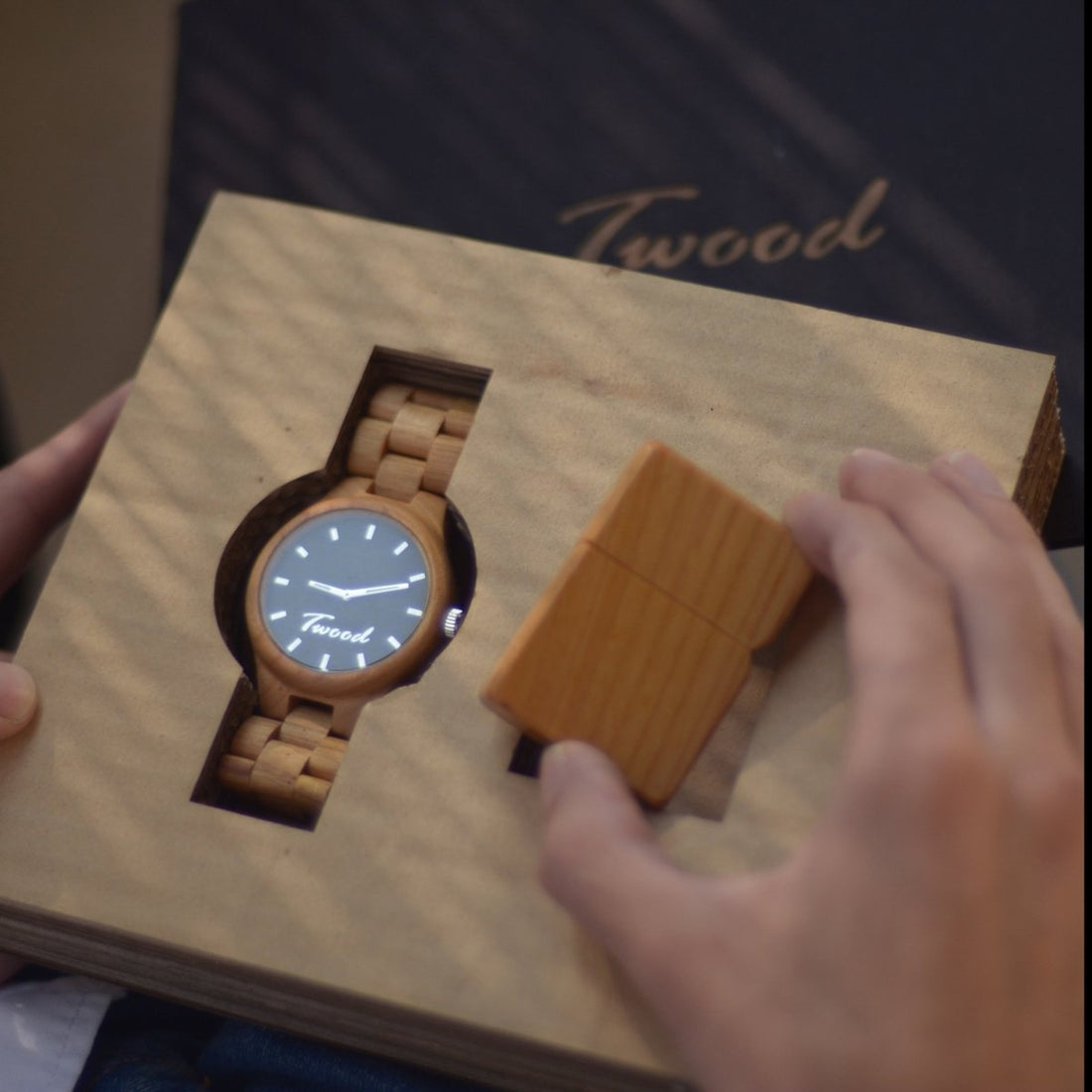 New Year 2026 celebration with handcrafted wooden accessories including watches, desk organizers, wallets and sustainable gifts on natural wood background