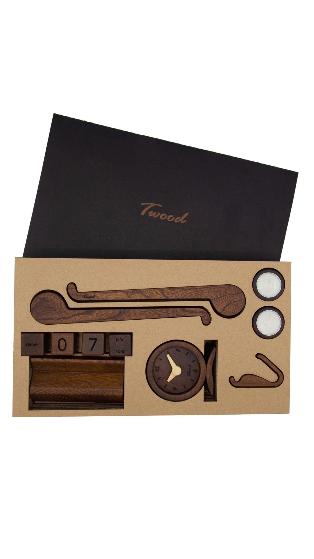"Handcrafted wooden office desk accessories collection - natural wood organizers, stands, and calendars"