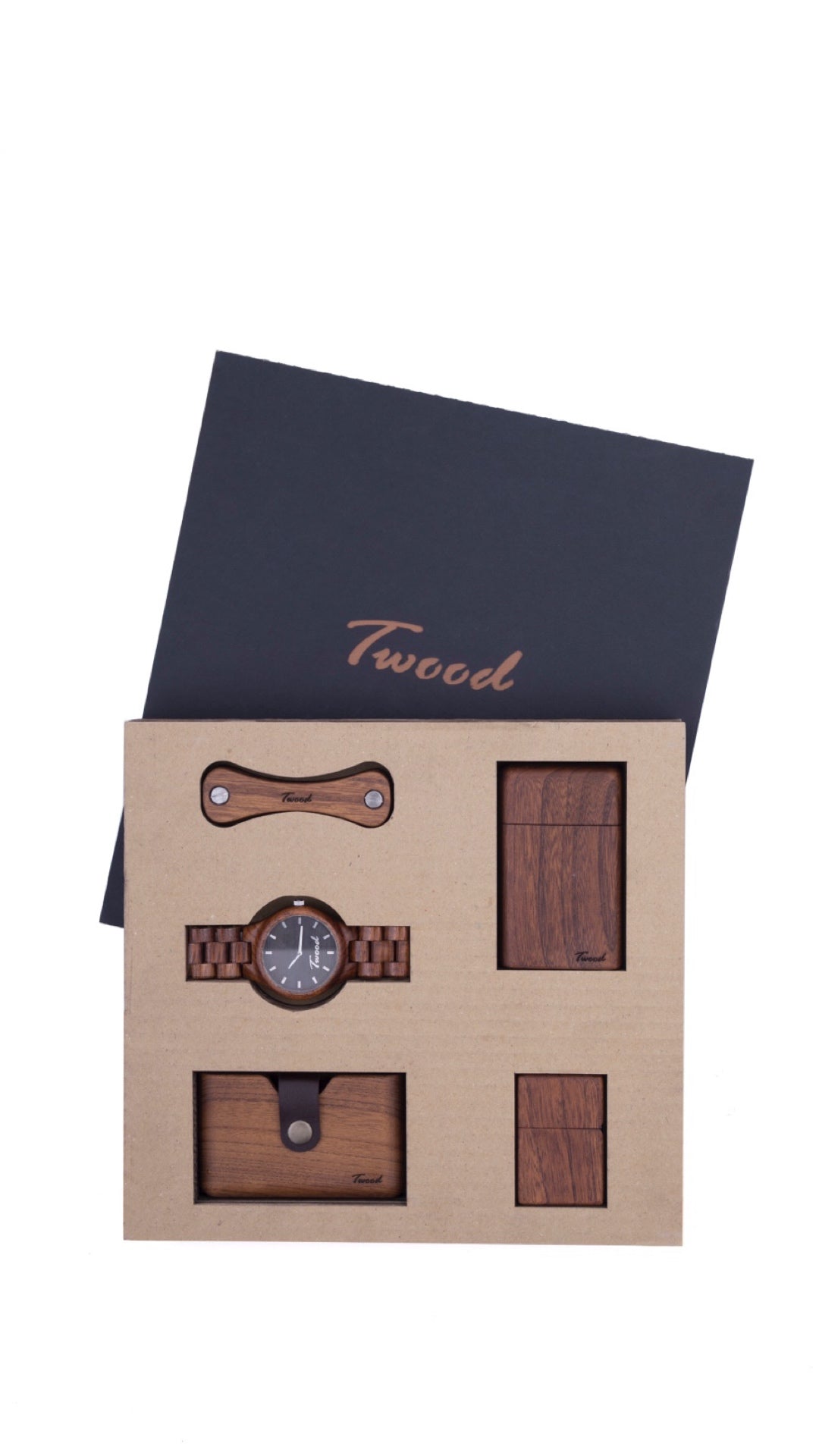 Handcrafted wooden accessories collection including watches, wallets, keychains, lighters and cases made from natural wood