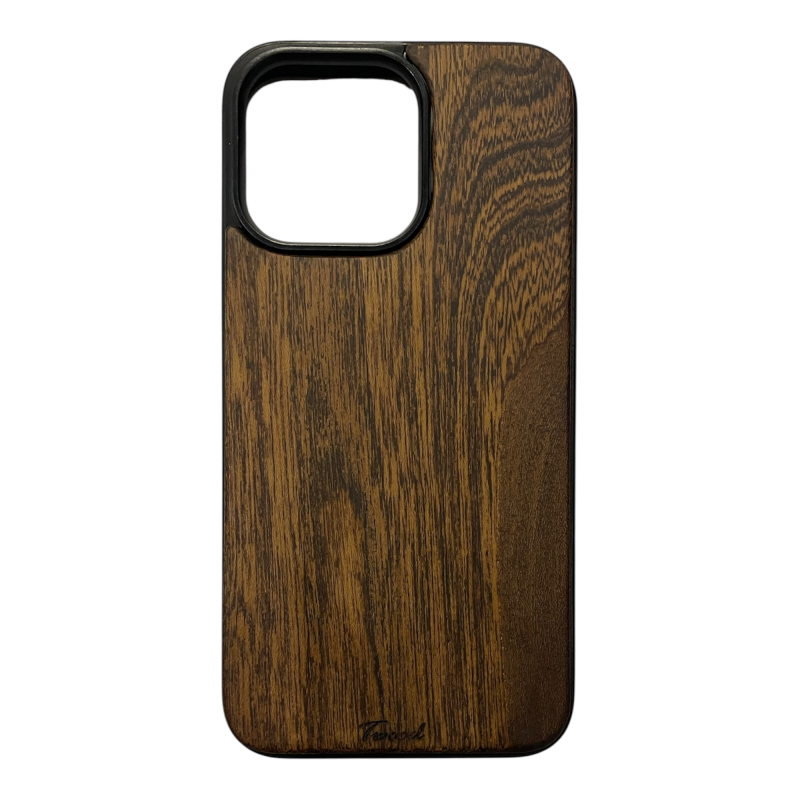 Wooden mobile phone case with natural wood grain finish for iPhone, handcrafted and eco-friendly.