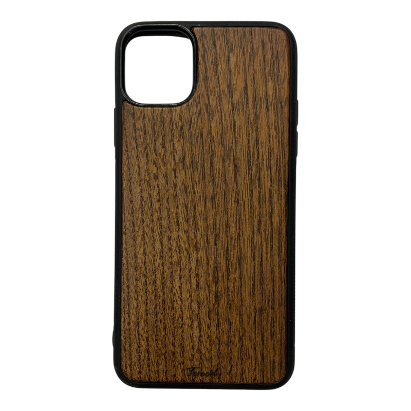 Wooden mobile phone case for iPhone with natural wood finish and black edges, handcrafted and eco-friendly design