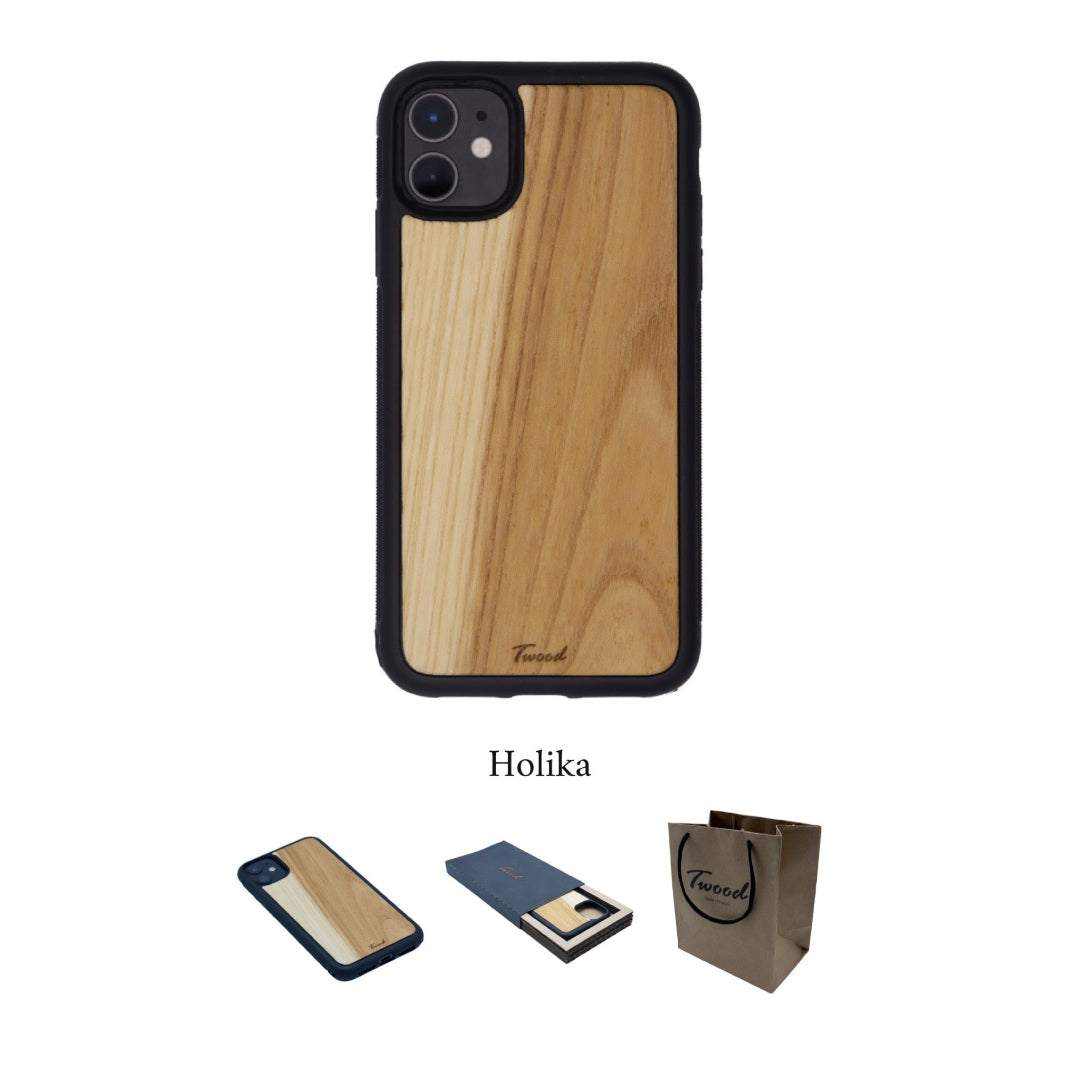 Wooden mobile phone case for iPhone with natural wood finish and black edges, eco-friendly and handcrafted design