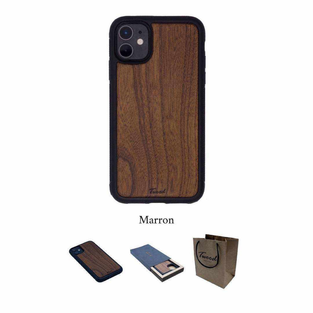 Wooden mobile phone case with natural wood finish for iPhone, handcrafted, eco-friendly, sustainable, stylish protective cover, Marron color