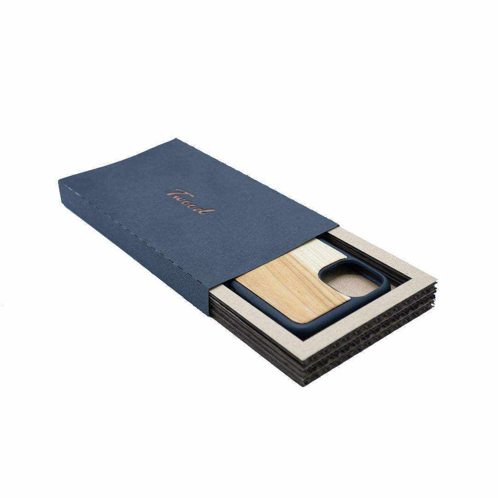 Wooden mobile phone case with natural wood finish in eco-friendly packaging