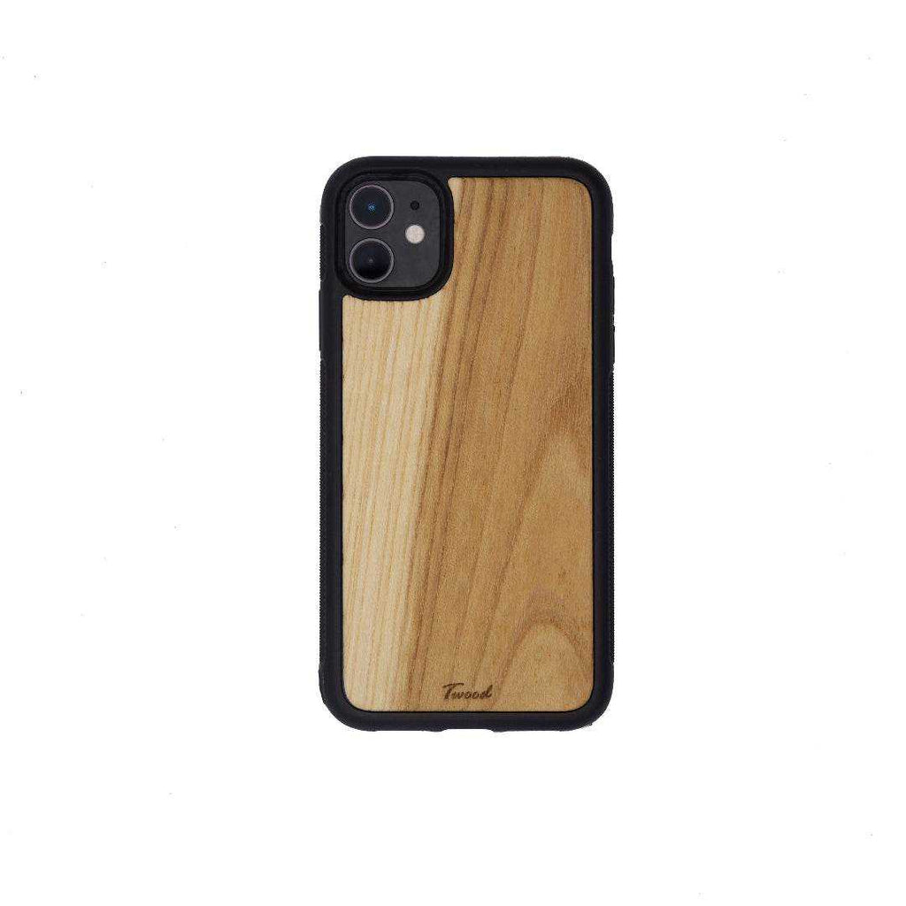 Wooden mobile phone case with natural wood finish and black edges for iPhone, handcrafted and eco-friendly design