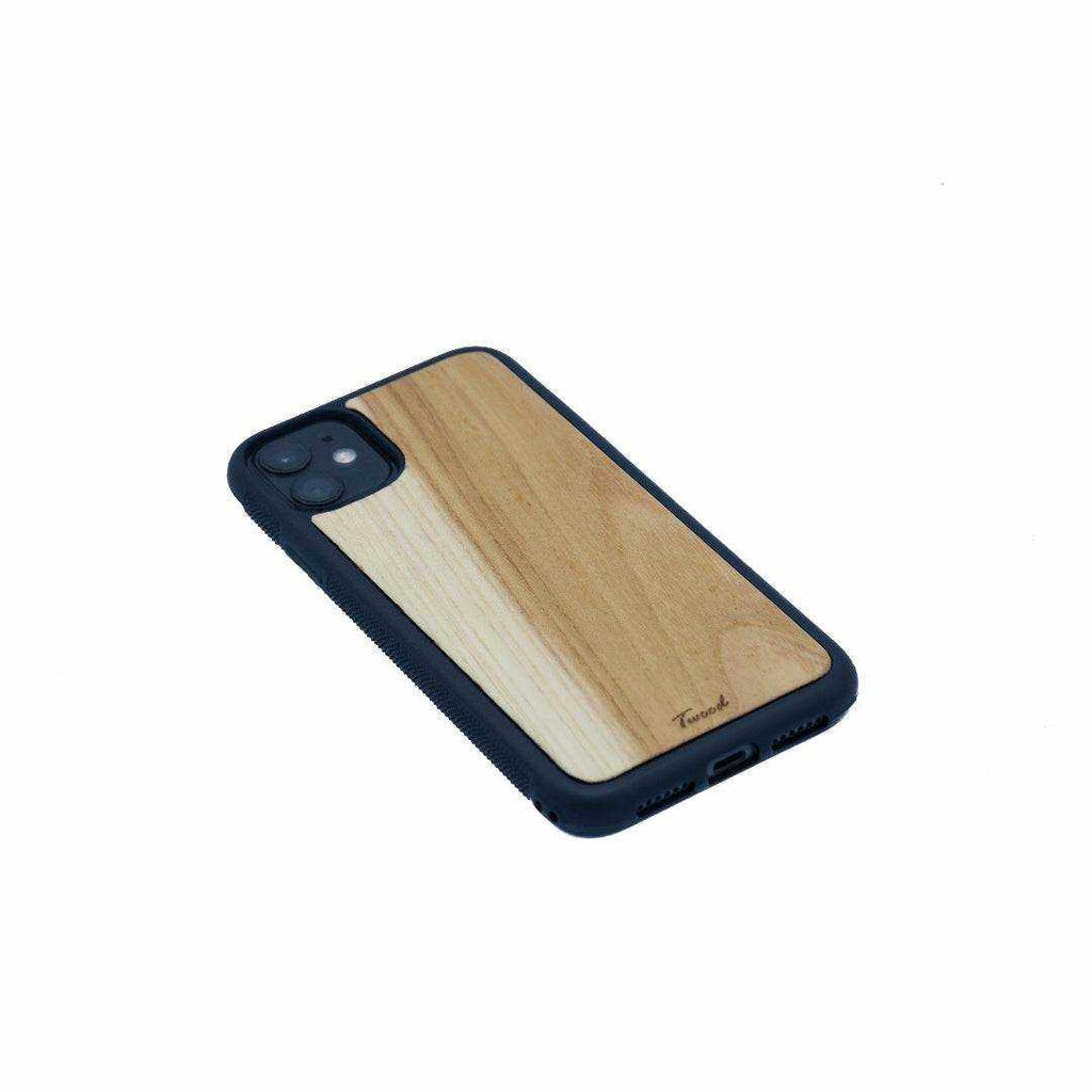 Wooden mobile phone case with natural wood finish handcrafted for iPhone sustainable and stylish protection