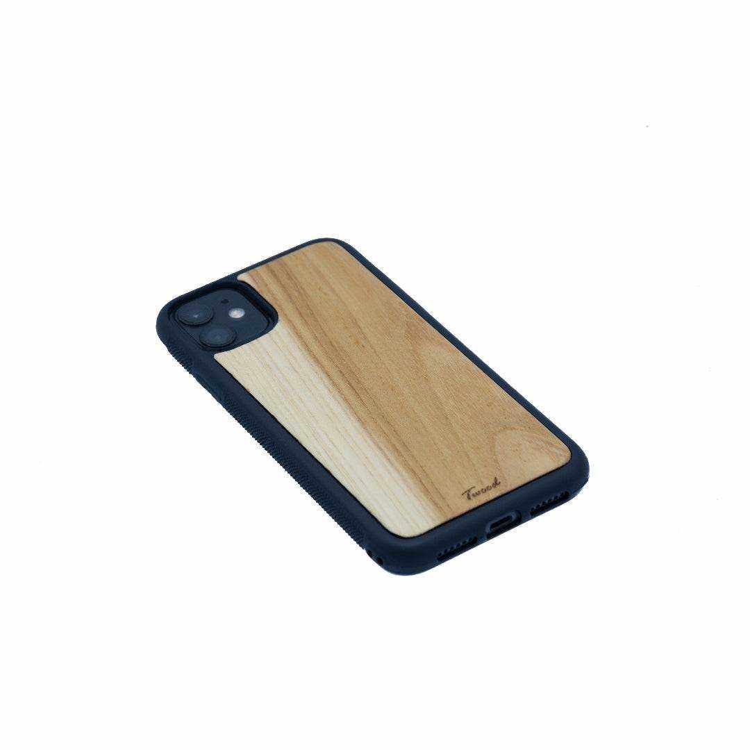 Wooden mobile phone case with natural wood finish handcrafted for iPhone sustainable and stylish protection