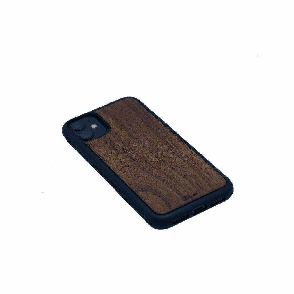 Wooden mobile phone case with natural wood back and black bumper for iPhone, handcrafted and eco-friendly design