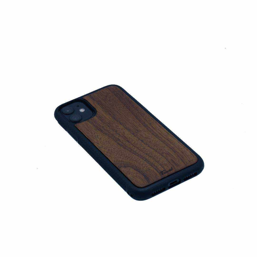 Wooden mobile phone case with natural wood back and black bumper for iPhone, handcrafted and eco-friendly design