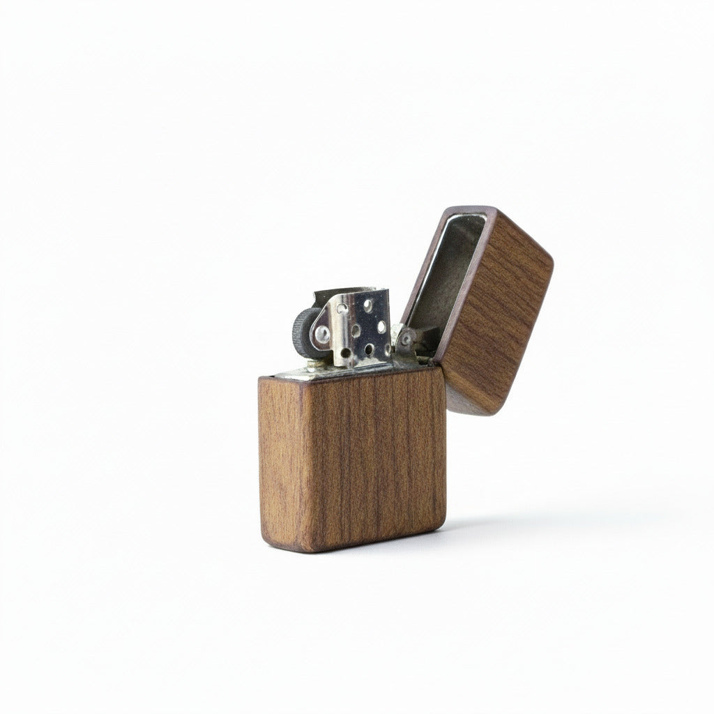 eco-friendly wooden lighter with metal top, compact natural wood design, 6x4x1.5 cm sustainable Zippo style lighter