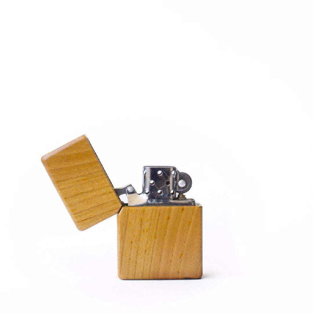 Ecofriendly wooden lighter with metal top, open lid design, compact size