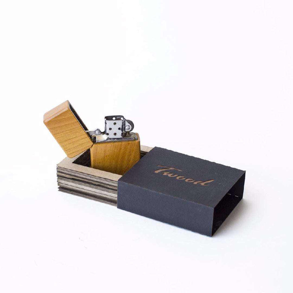 wooden lighter with natural wood finish in black Twod box for sustainable ecofriendly use