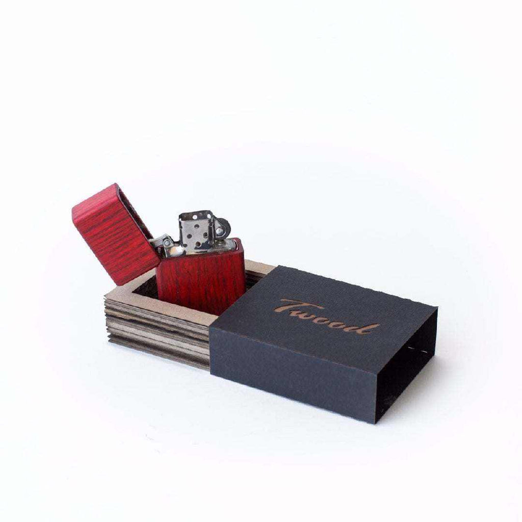 Eco-friendly wooden lighter with red finish in black Twwood branded box, sustainable natural wood design