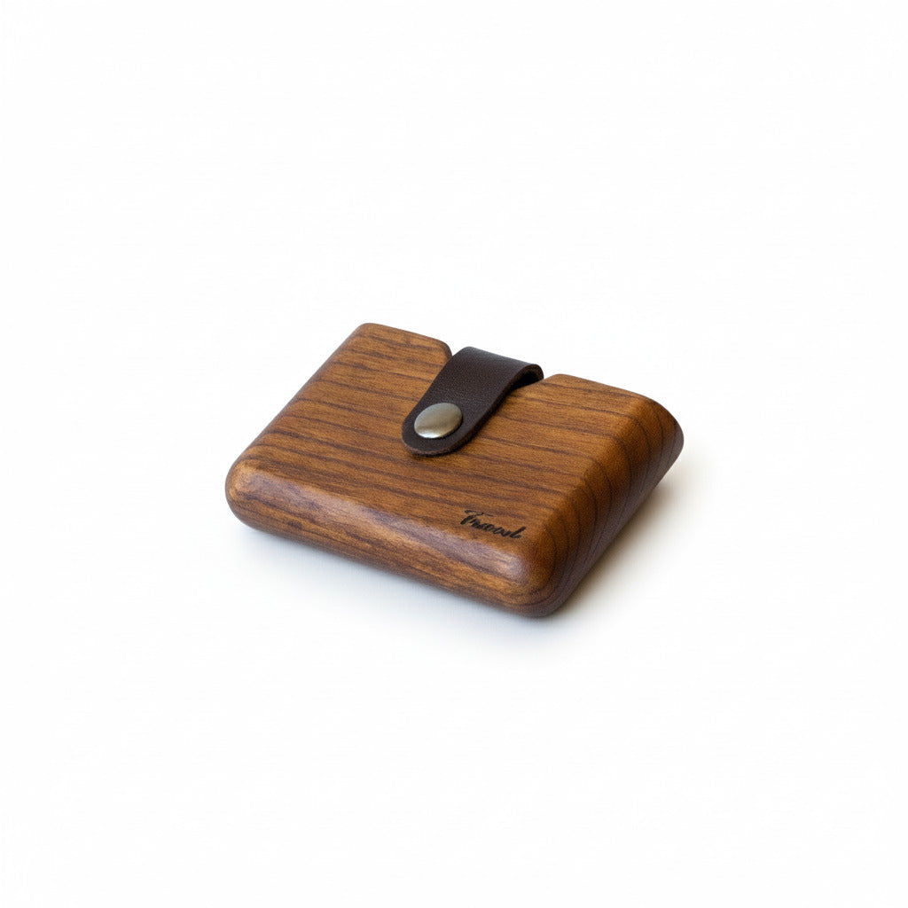eco-friendly wooden wallet with leather strap and button closure, compact and handmade for sustainable style