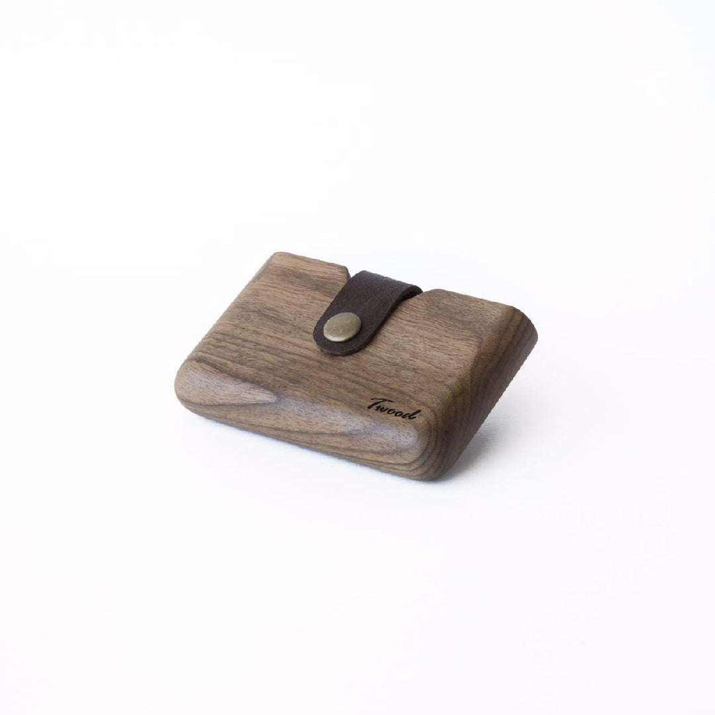 Compact handmade wooden wallet with leather strap and button, eco-friendly and sustainable design