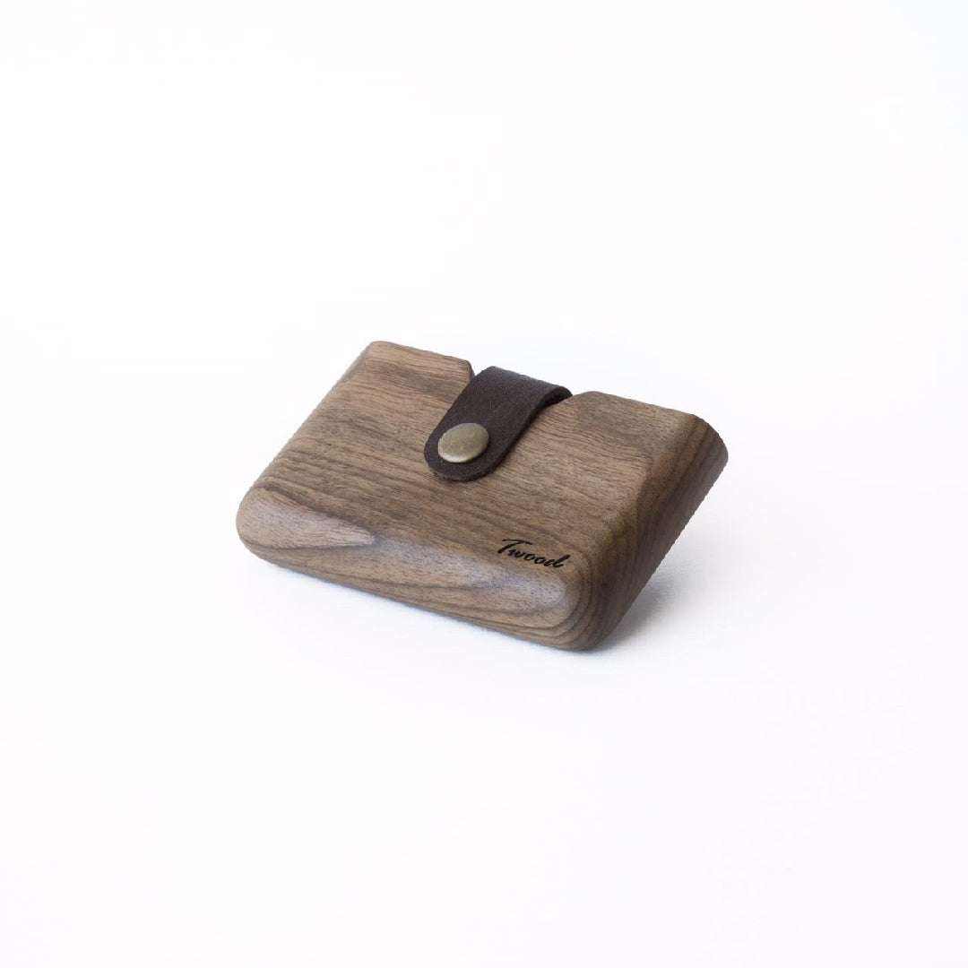 Compact handmade wooden wallet with leather strap and button, eco-friendly and sustainable design