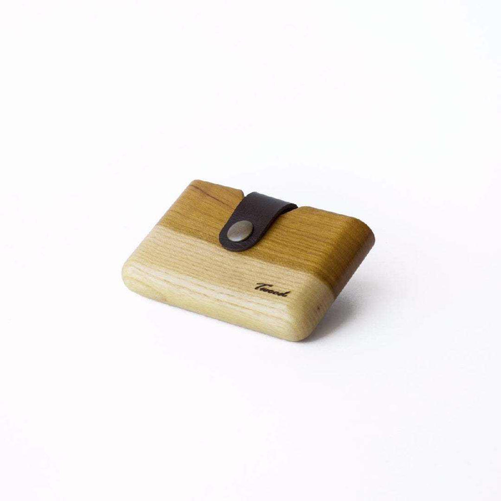 Compact eco-friendly wooden wallet with leather strap and card slot, handmade from natural wood.