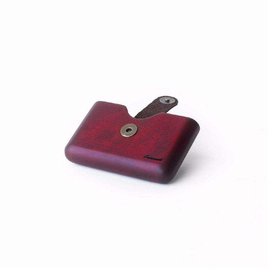 Compact eco-friendly wooden wallet with card slot and secure snap closure in dark red finish