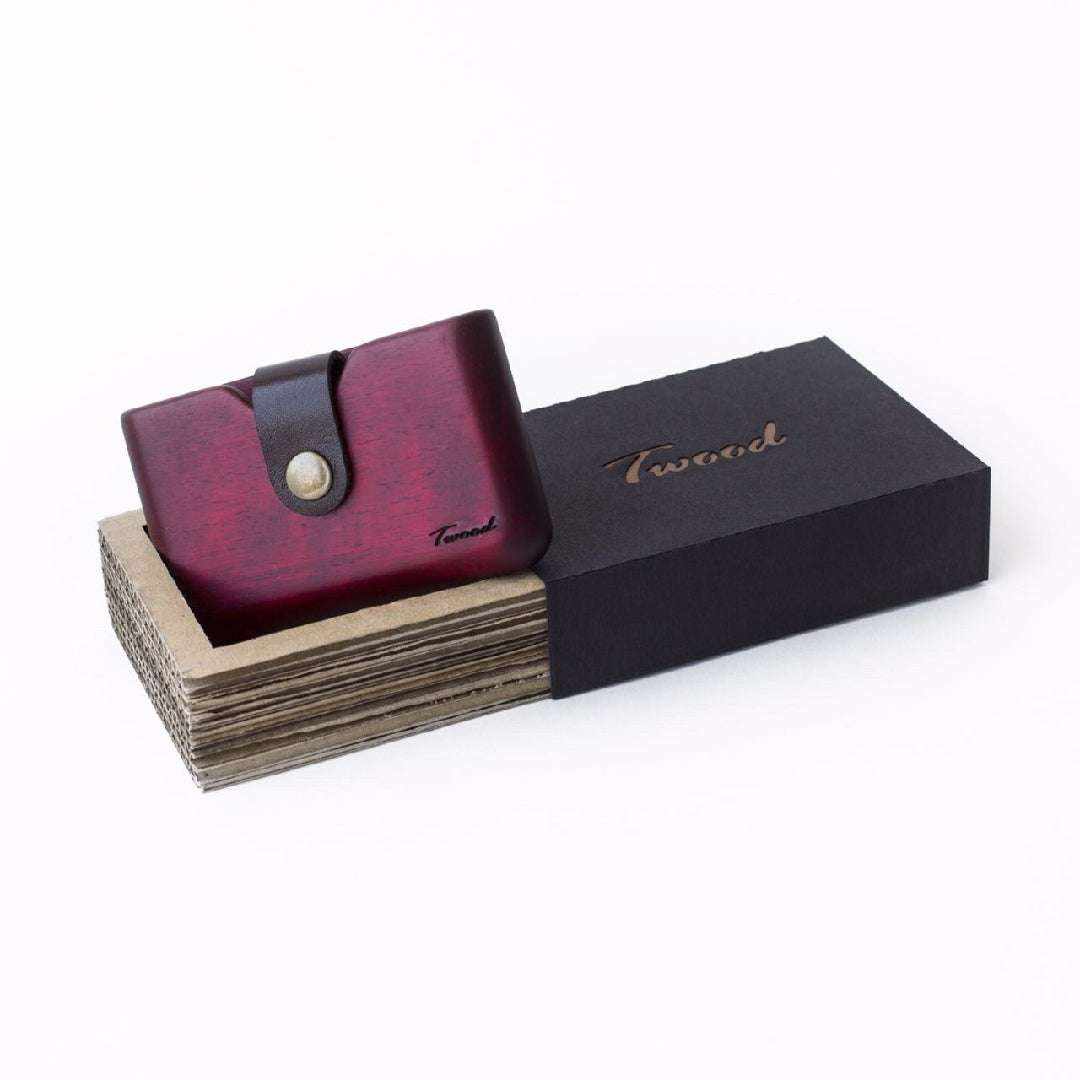 Eco-friendly handmade wooden wallet with card slot and secure button closure in stylish box packaging