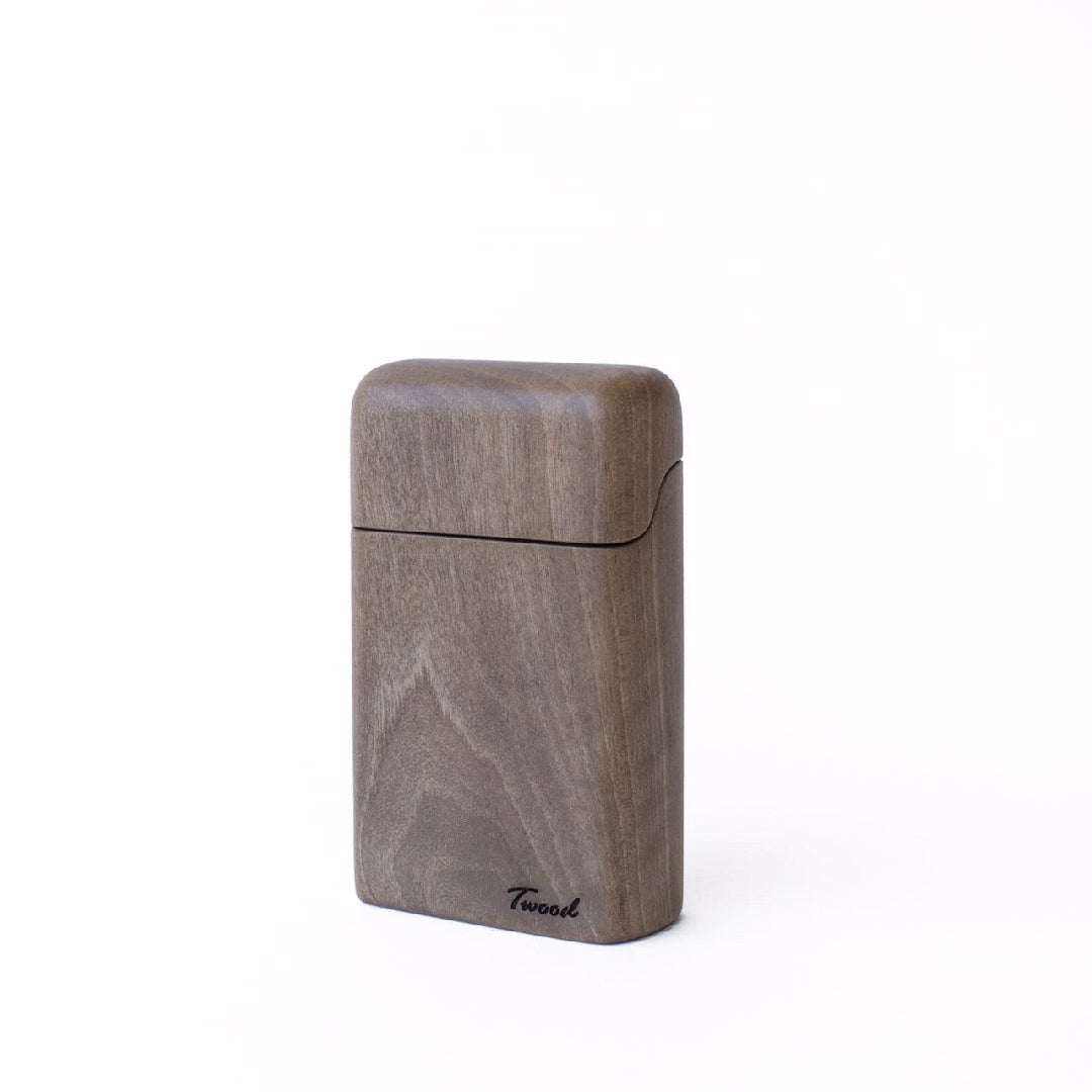 Handcrafted natural wood cigarette case with sleek design and Twool logo