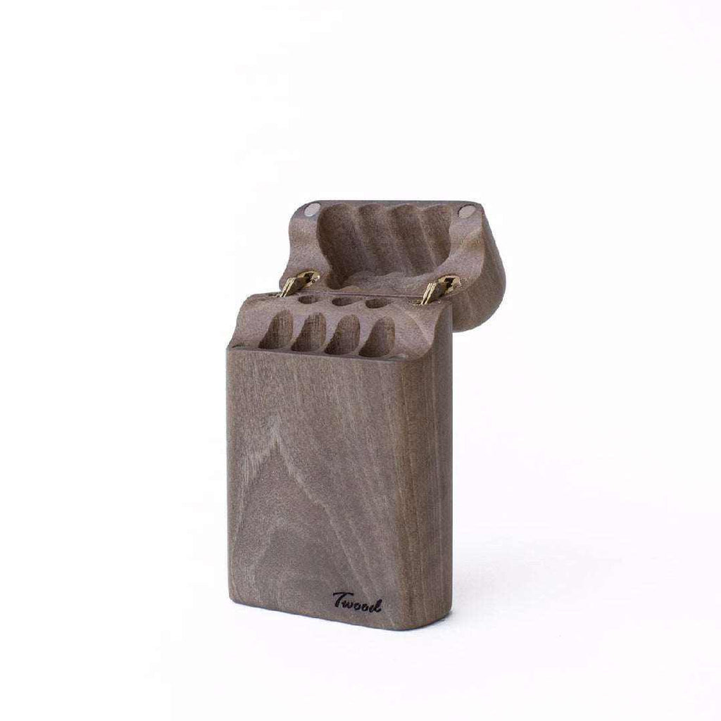 Handcrafted wooden cigarette case with natural wood finish, sleek design, and capacity for 7 cigarettes