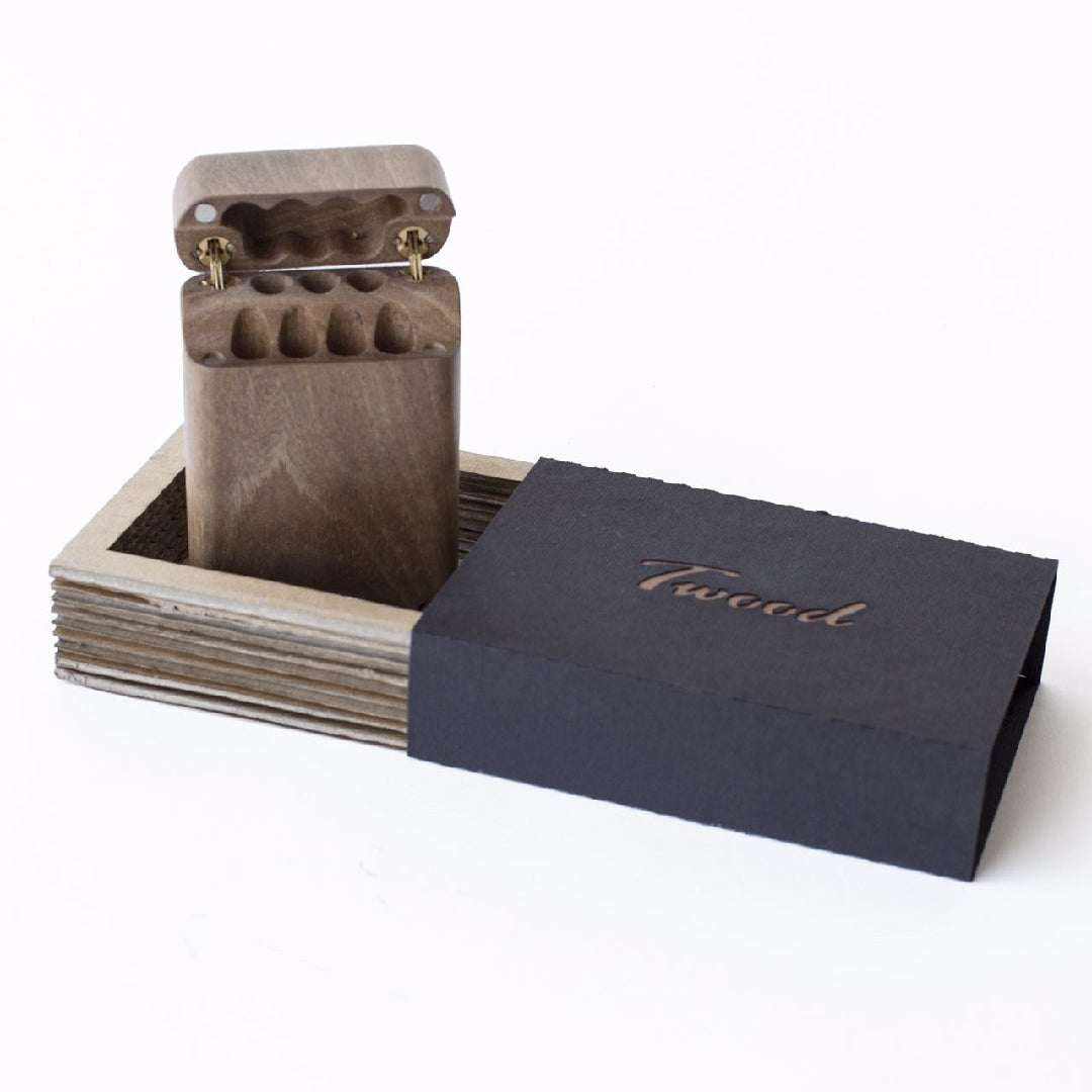 Handcrafted wooden cigarette case with custom design, holds 7 cigarettes, eco-friendly and sustainable packaging.