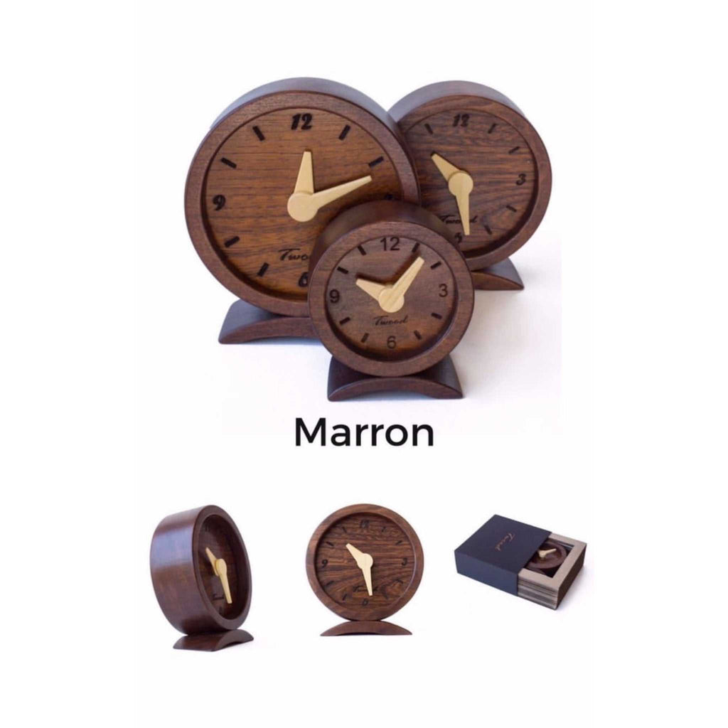 Three sizes of handcrafted wooden desk clocks in marron finish with golden hands and round faces