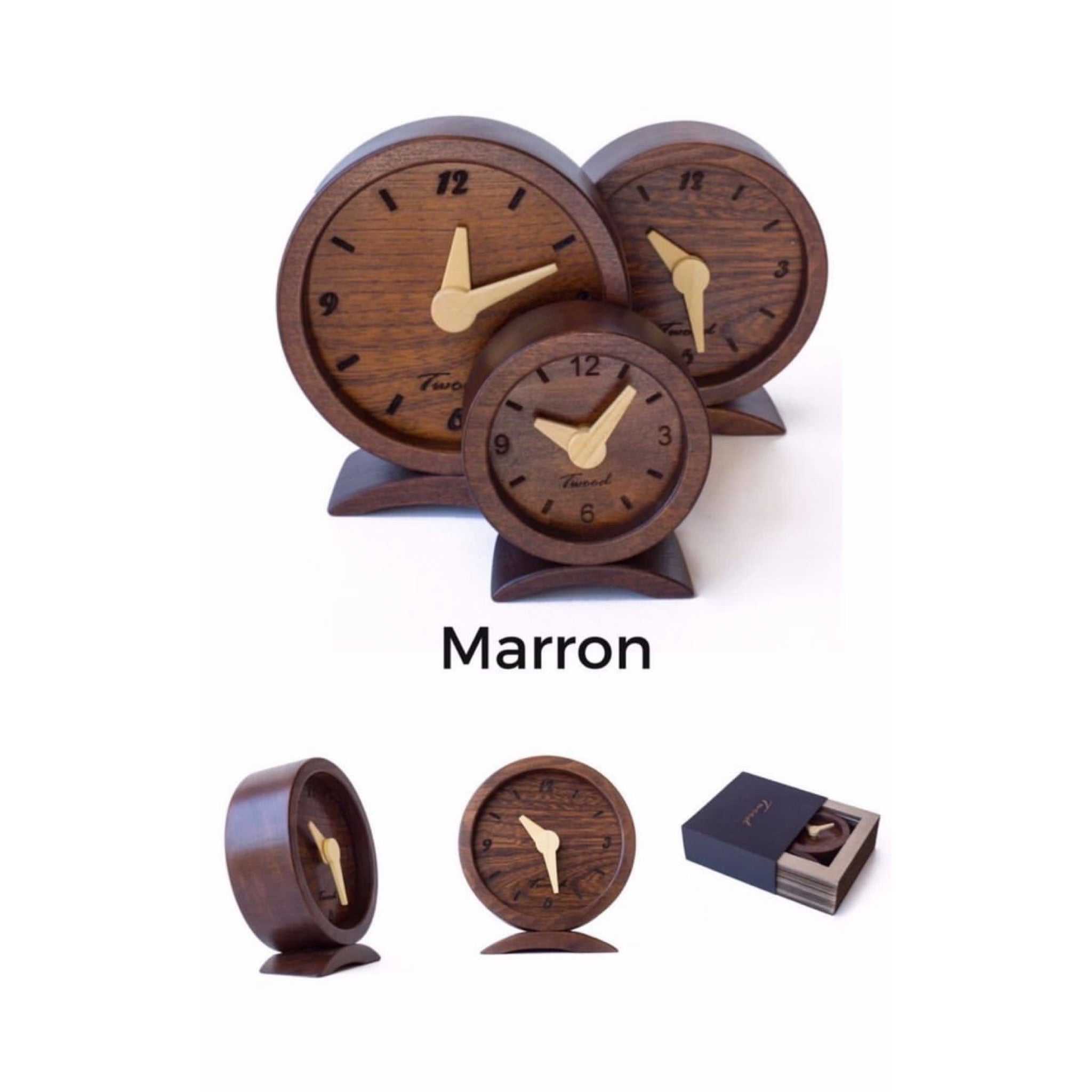 Three sizes of handcrafted wooden desk clocks in marron finish with golden hands and round faces