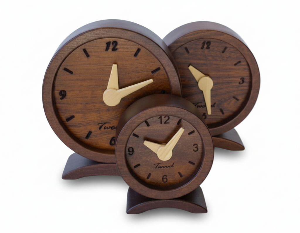 Three wooden clocks with gold hands on a white background