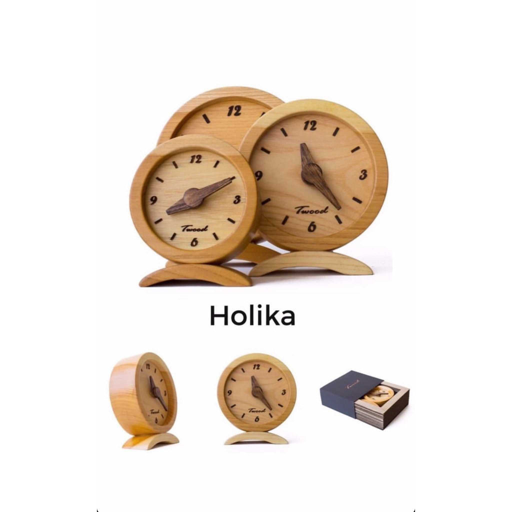 Handcrafted wooden desk clock in holika color with three size options and natural finish