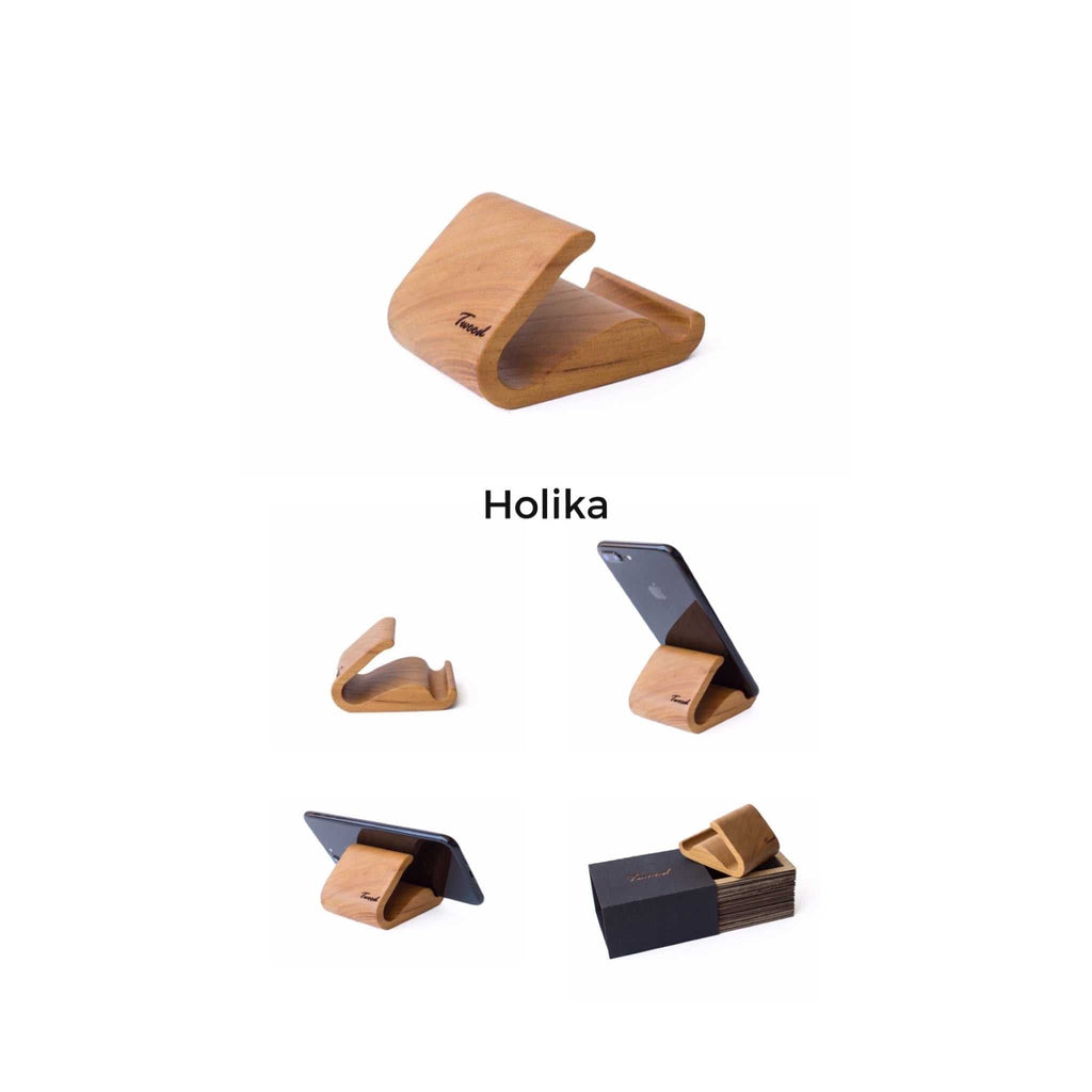 Wooden mobile stand in Holika color holding smartphone, handmade natural wood desk accessory