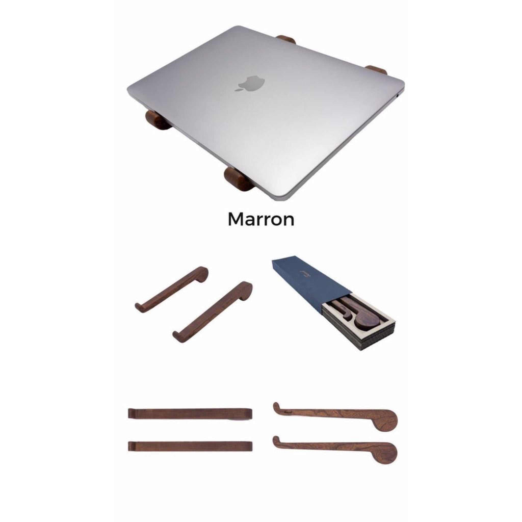 Wooden Laptop Stand in maroon color with eco-friendly handmade design, shown with laptop and packaging box