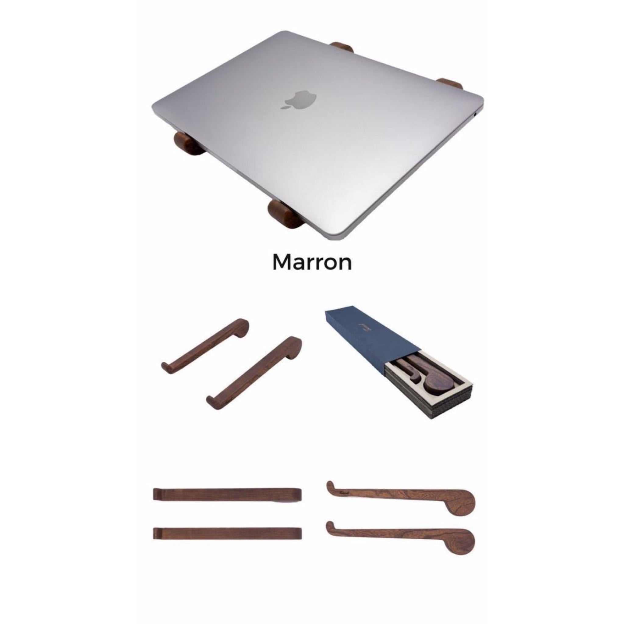 Wooden Laptop Stand in maroon color with eco-friendly handmade design, shown with laptop and packaging box