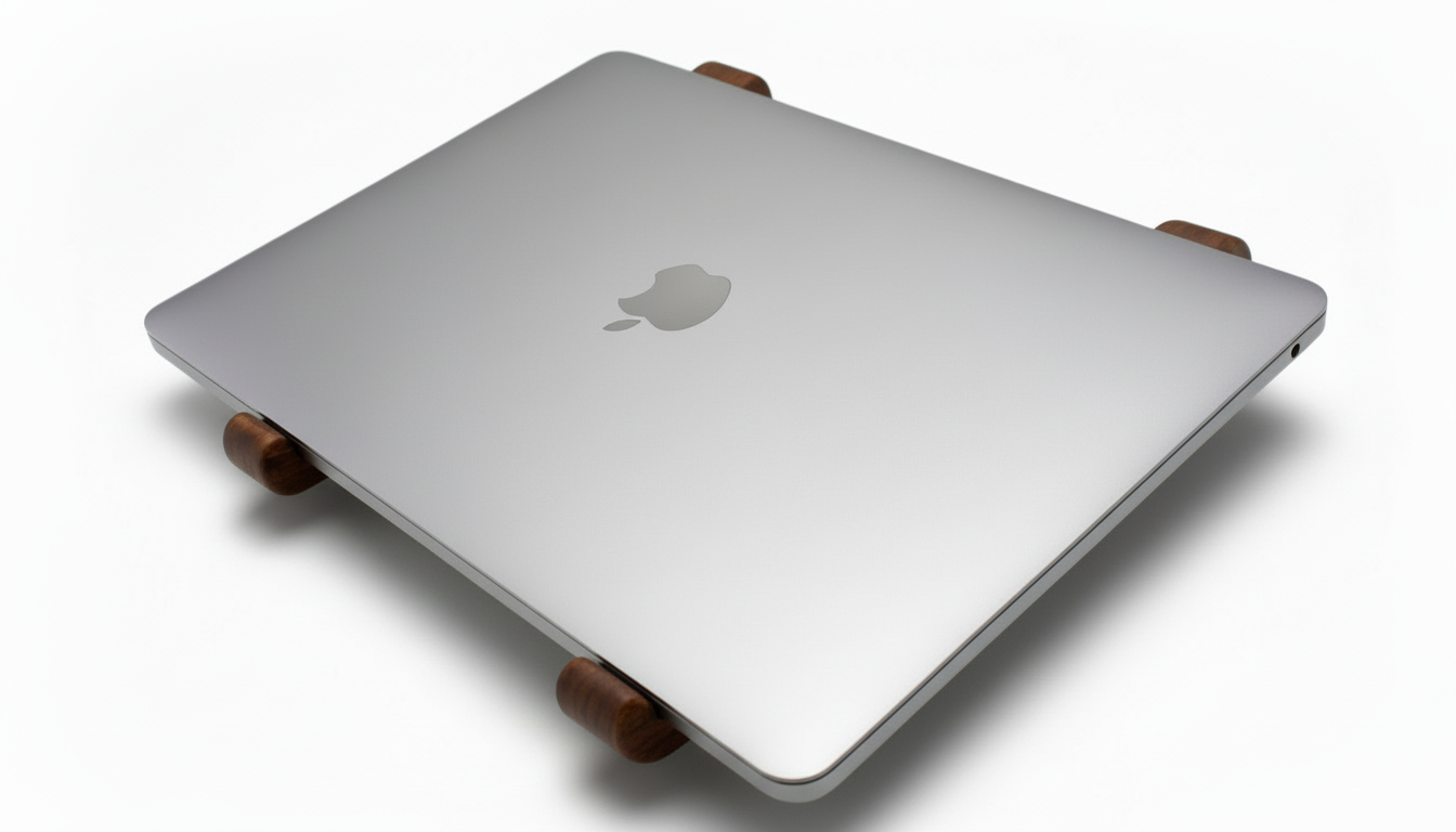 Laptop on a wooden stand with Apple logo