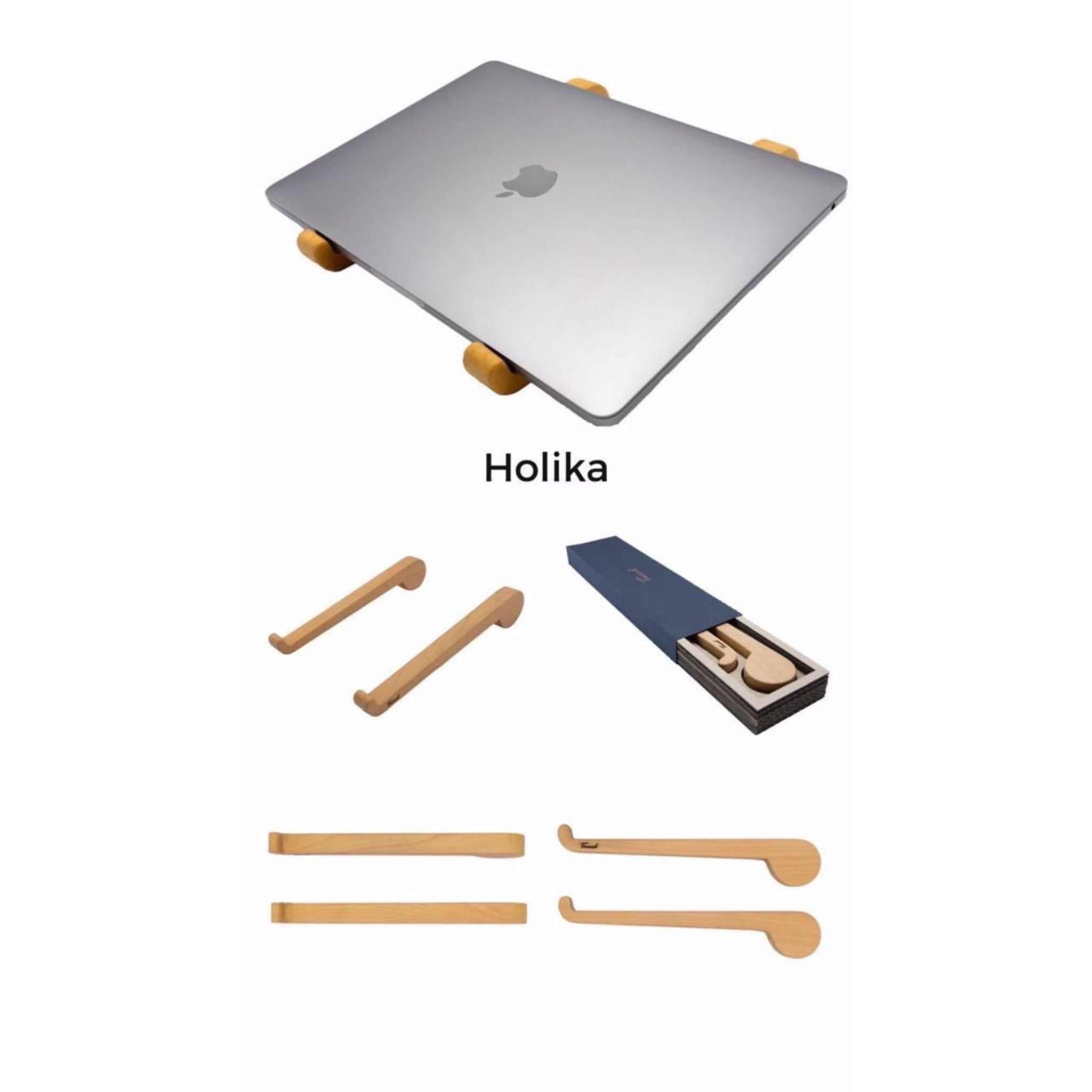 Wooden laptop stand in Holika color holding a laptop with components and packaging box shown separately