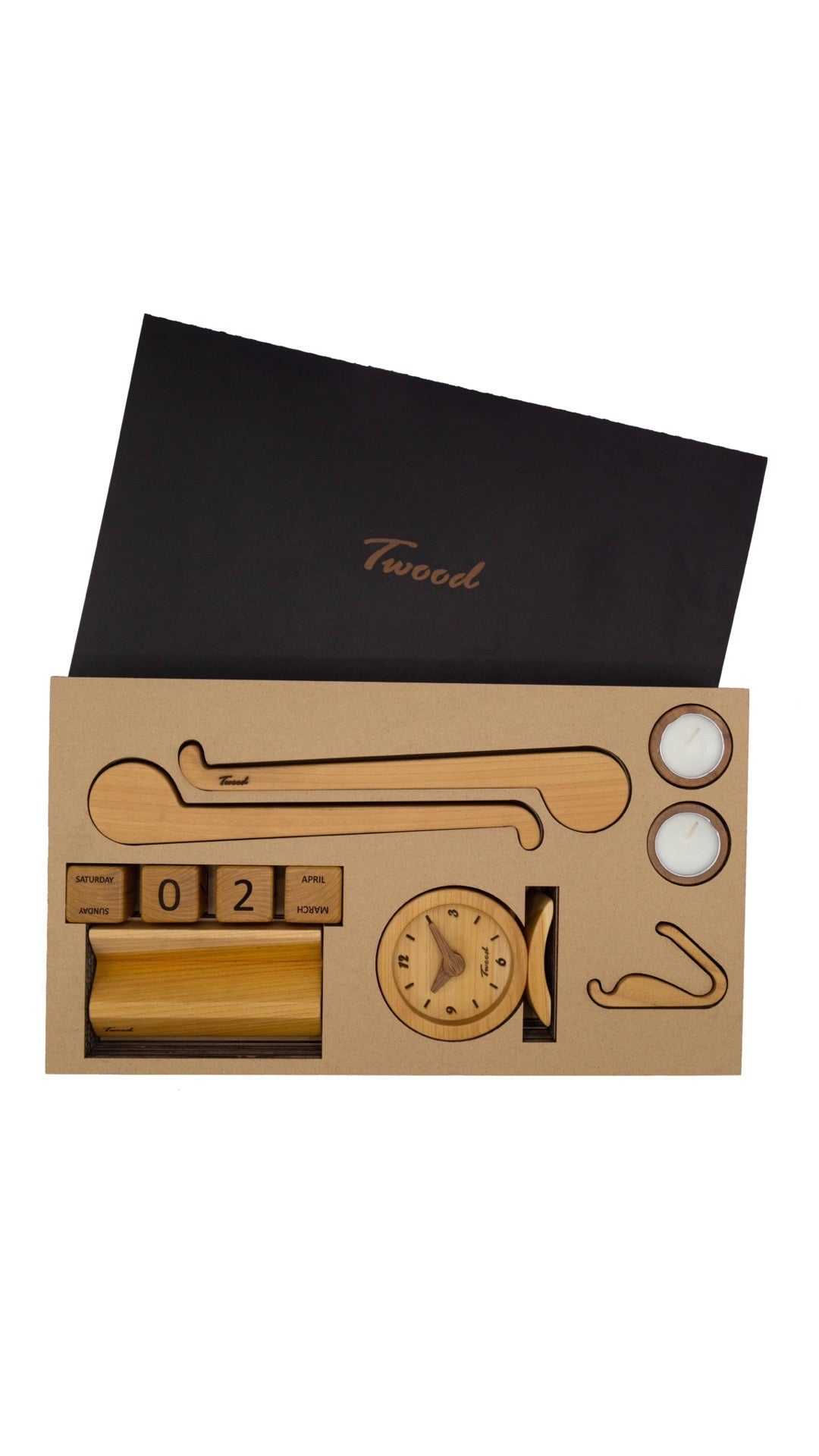 Wooden nature-inspired office pack with calendar, pen holder, and laptop stand in gift box