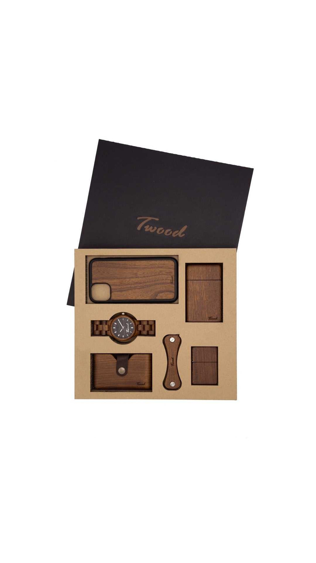 Wooden Accessories Box with six handmade natural wood items including watch, iPhone case, key holder, wallet, lighter, and cigarette case in eco-friendly gift packaging