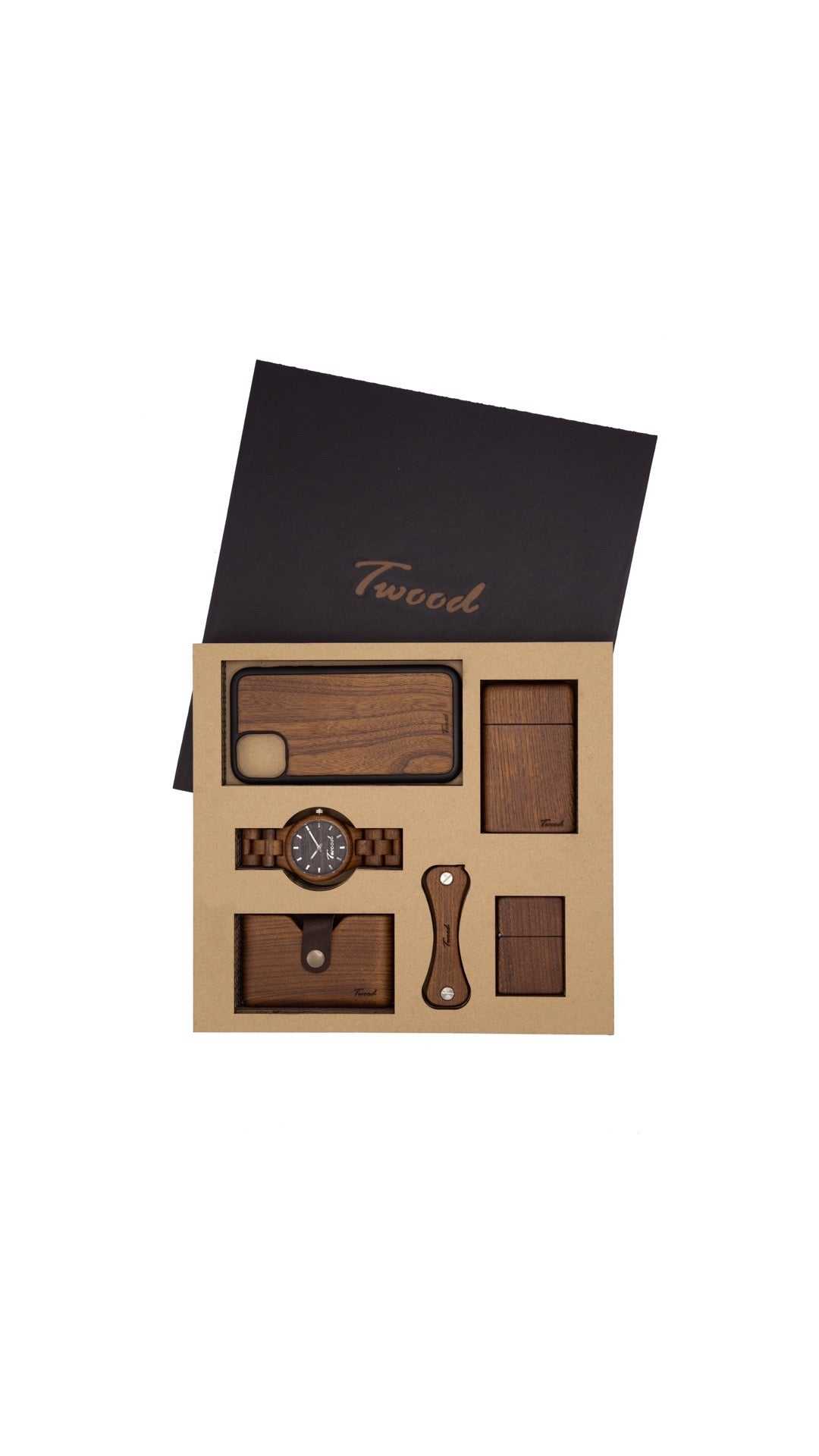 Wooden Accessories Box with six handmade natural wood items including watch, iPhone case, key holder, wallet, lighter, and cigarette case in eco-friendly gift packaging