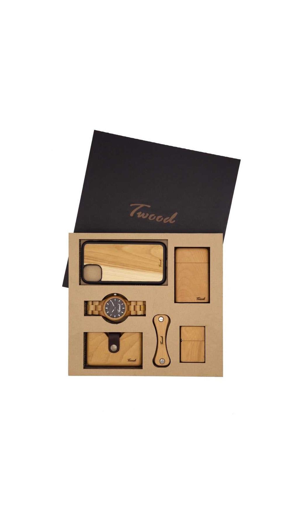 Wooden accessories box with six natural wood handmade items including watch, phone case, wallet, and key holder in eco-friendly packaging