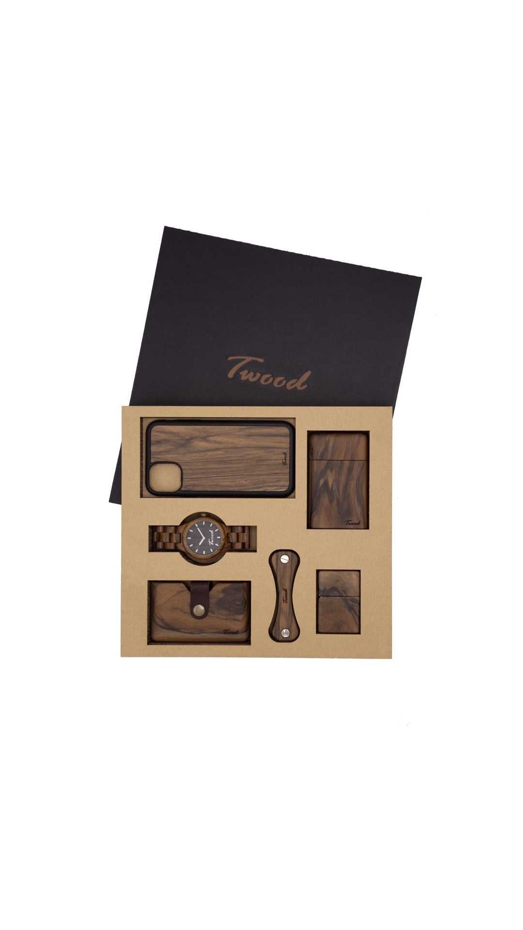 Wooden Accessories Box with six handmade natural wood items including watch, phone case, wallet, key holder, lighter, and cigarette case in eco-friendly gift packaging