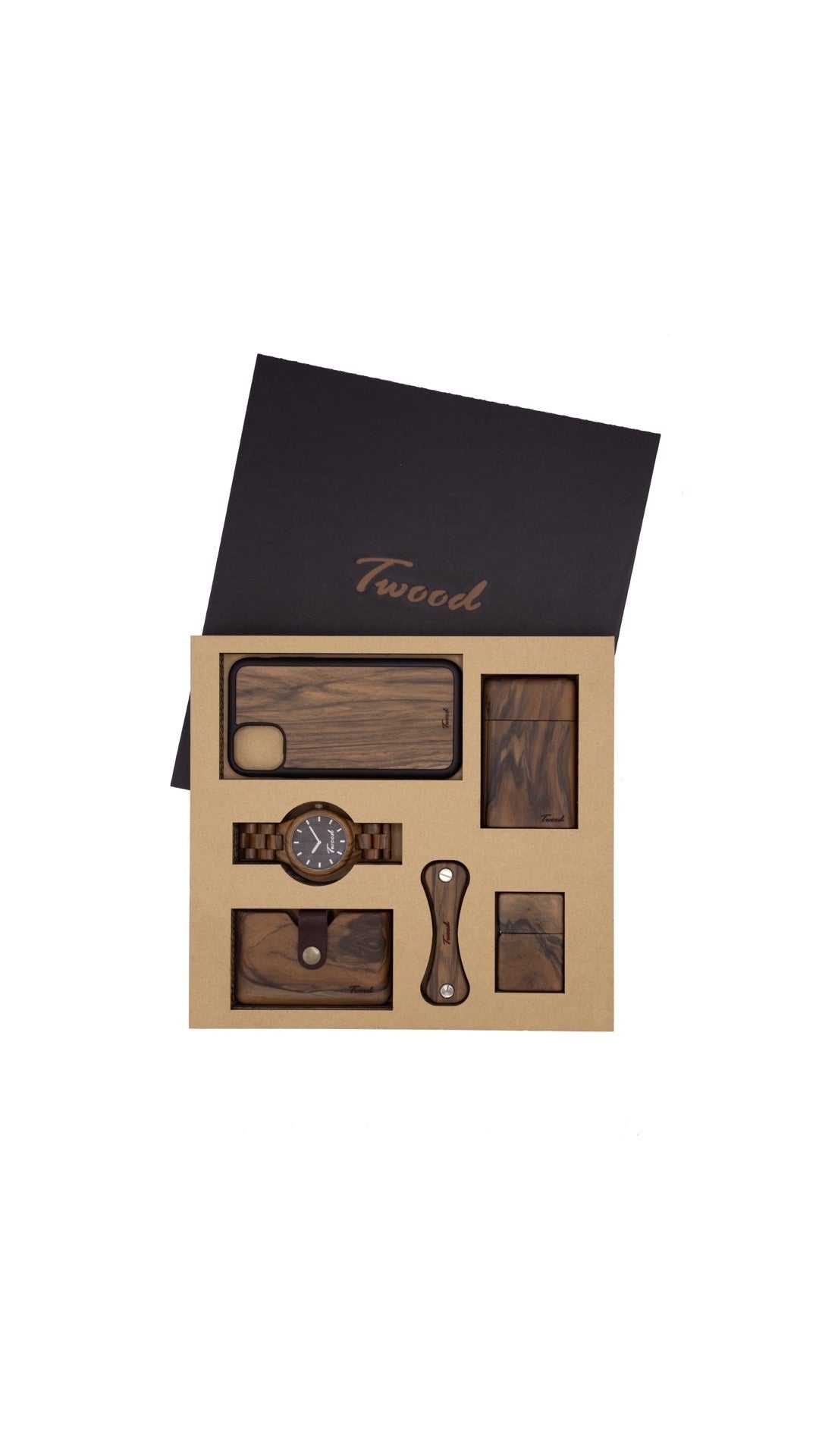 Wooden Accessories Box with six handmade natural wood items including watch, phone case, wallet, key holder, lighter, and cigarette case in eco-friendly gift packaging