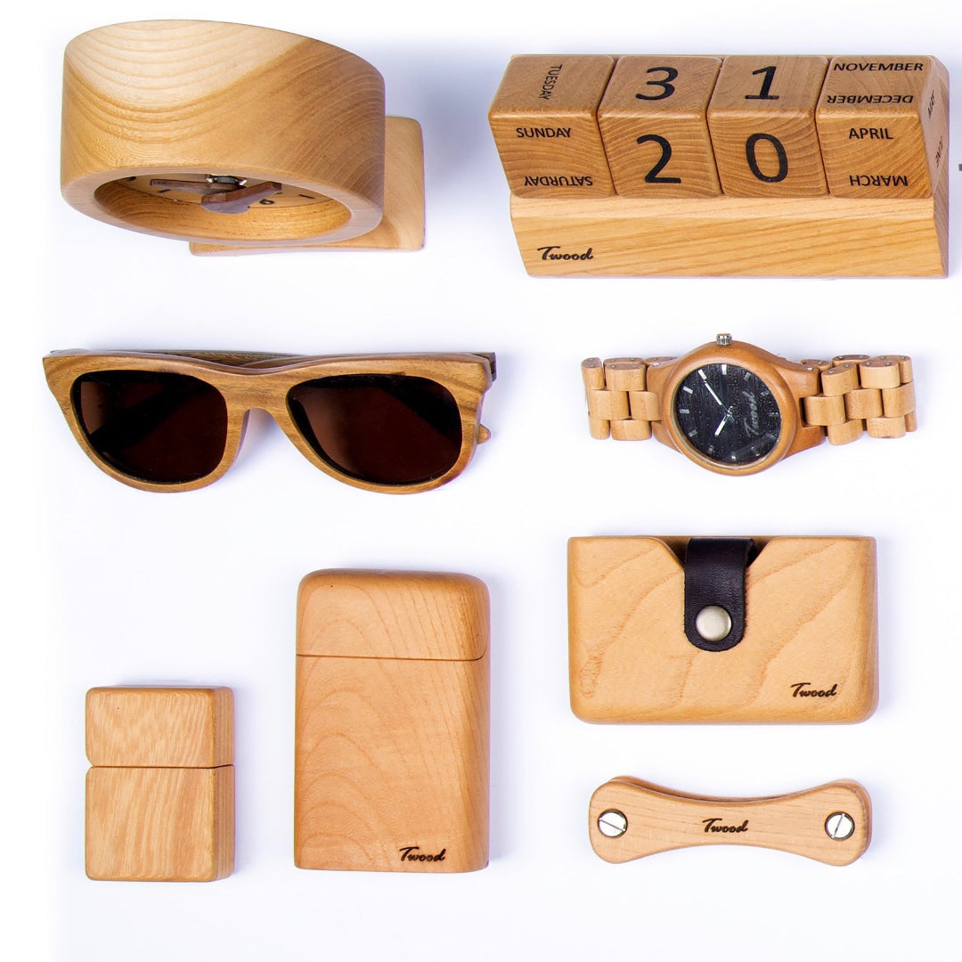 Collection of wooden products including sunglasses, watch, and accessories on a white background