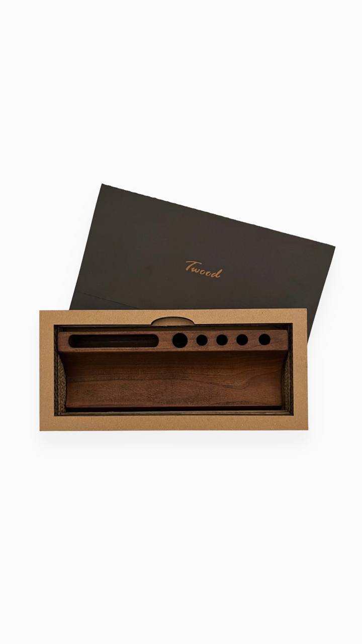 handcrafted wood pen holder with multiple compartments for desk organization and sustainable design