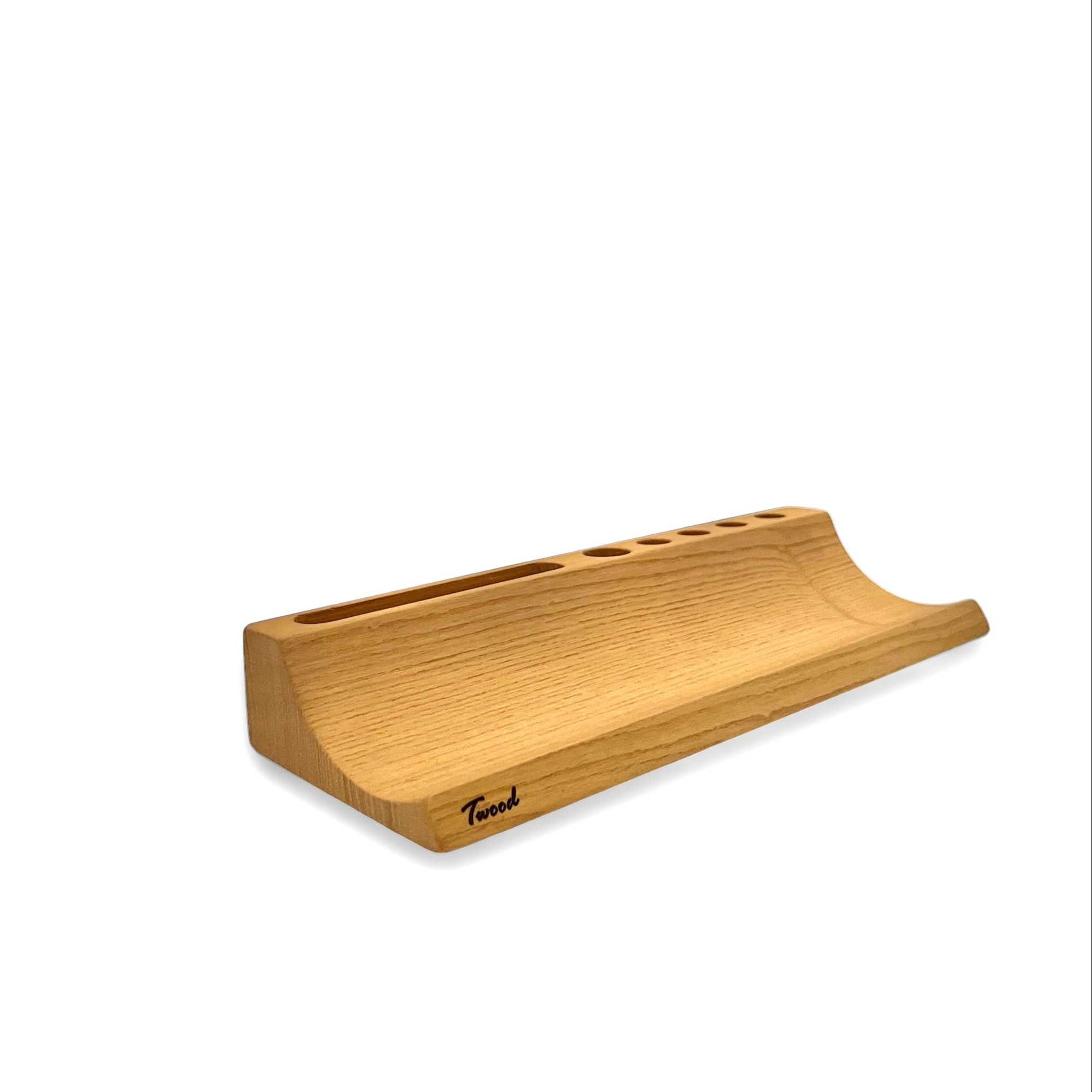 Handcrafted natural wood pen holder with multiple slots for desk organization