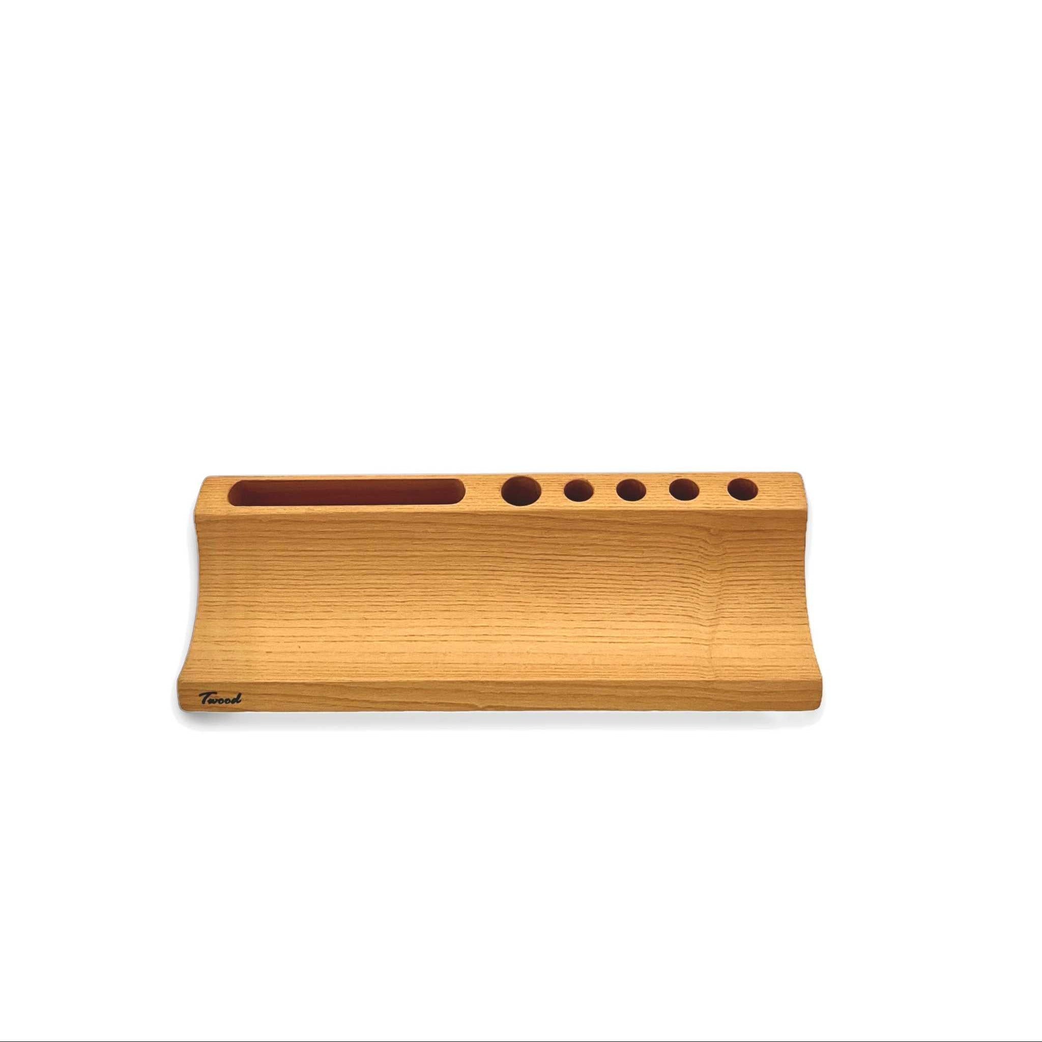 handcrafted wood pen holder with multiple slots for organizing writing tools on a desk