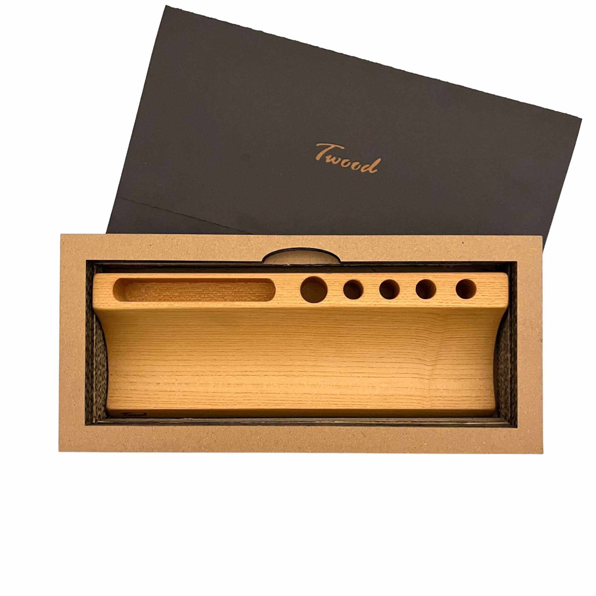 Handcrafted wooden pen holder with multiple compartments for writing instruments in eco-friendly design