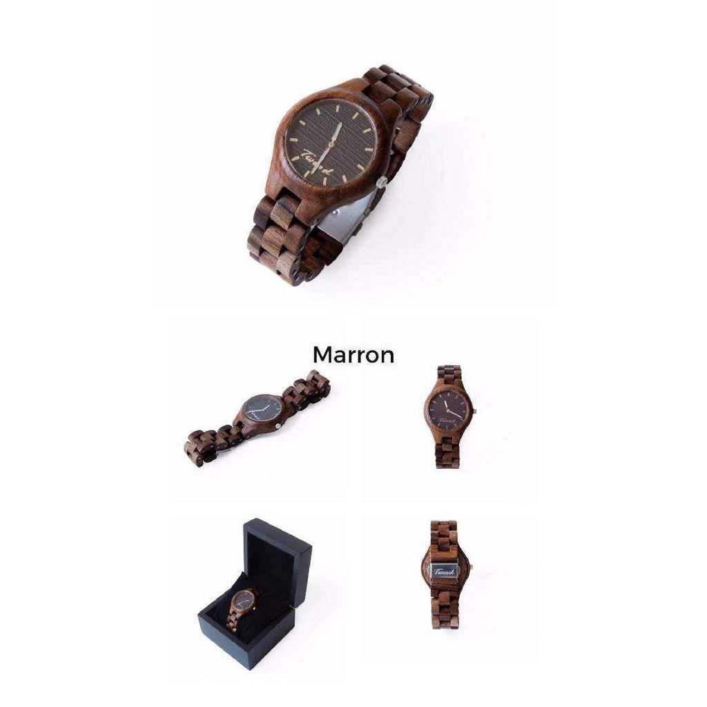 Handmade ecofriendly wooden watch in maroon color with natural wood grain and adjustable band in gift box