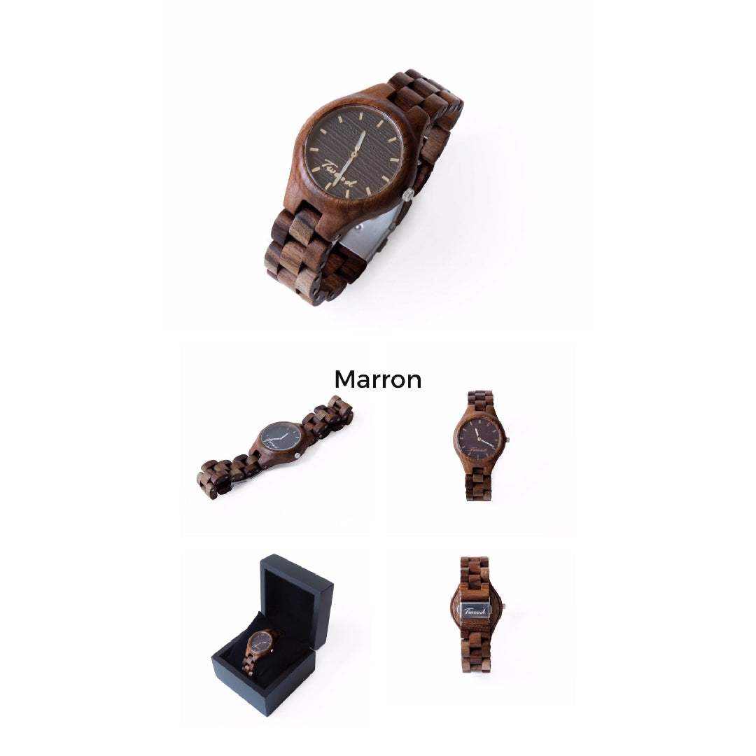 Handmade ecofriendly wooden watch in maroon color with natural wood grain and adjustable band in gift box