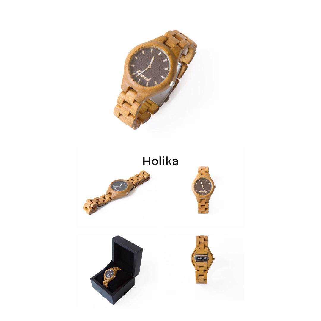 Handmade wooden watch Holika with natural wood finish in multiple views including in black box packaging