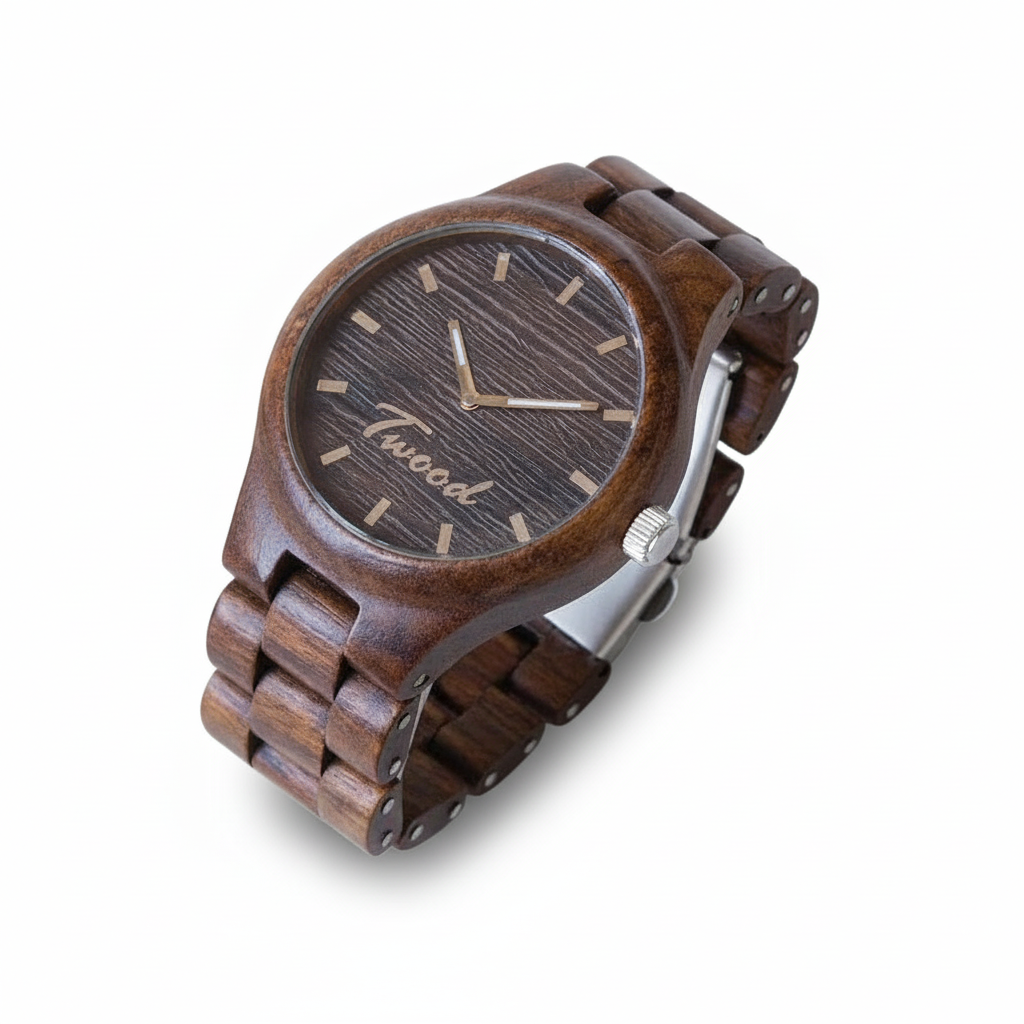 Wooden watch with brown strap and wooden case on a white background